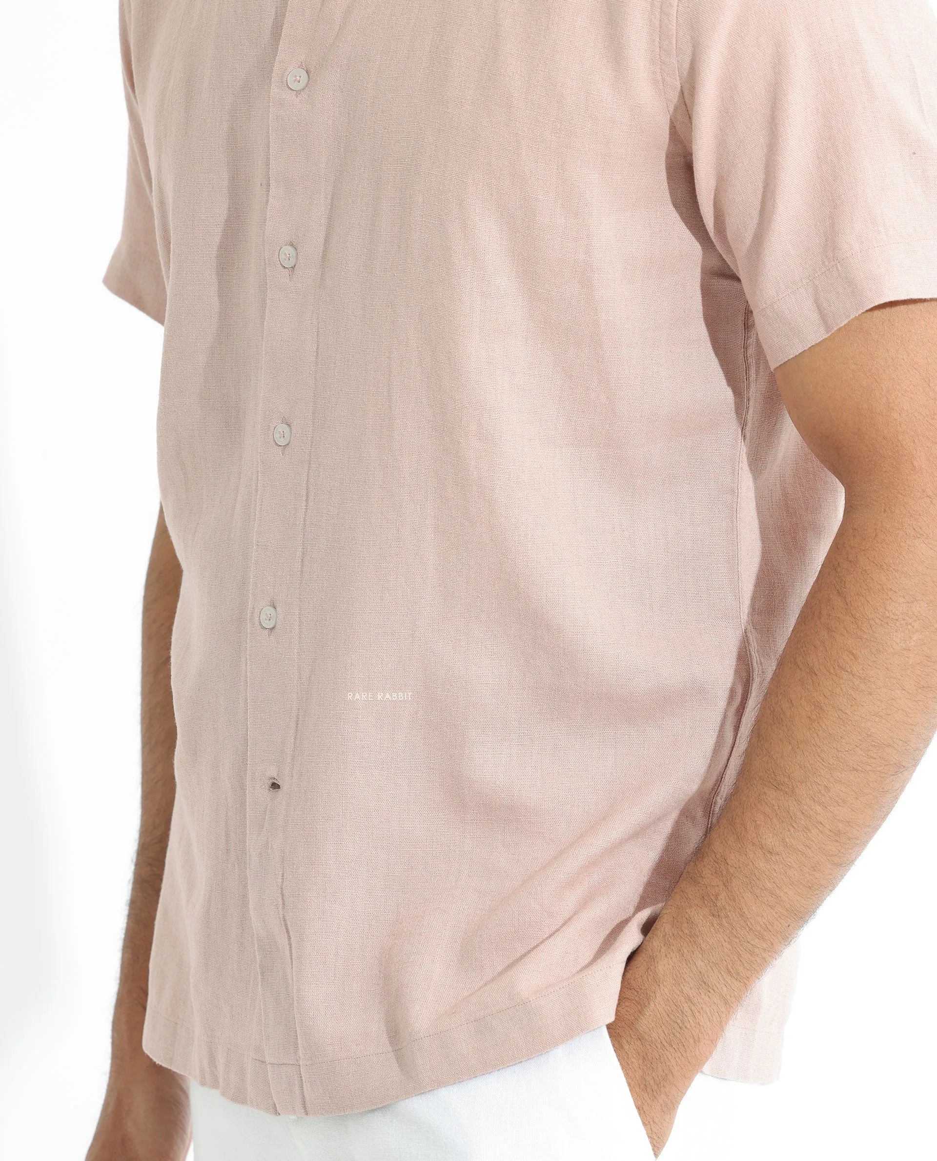 Rare Rabbit Men's Lune Ss Dusky Pink Linen Mandarin Collar Half Sleeves Shirt
