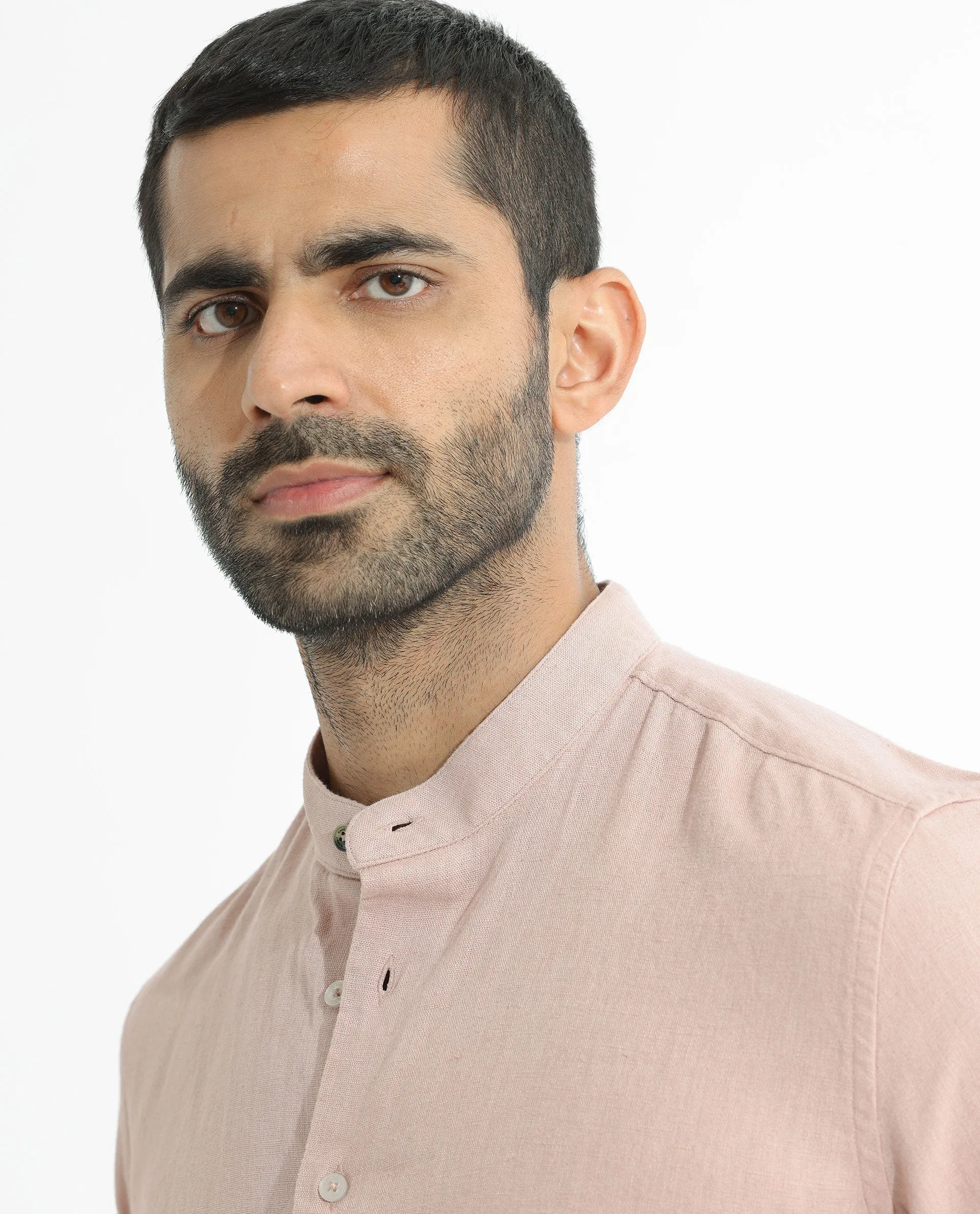 Rare Rabbit Men's Lune Ss Dusky Pink Linen Mandarin Collar Half Sleeves Shirt