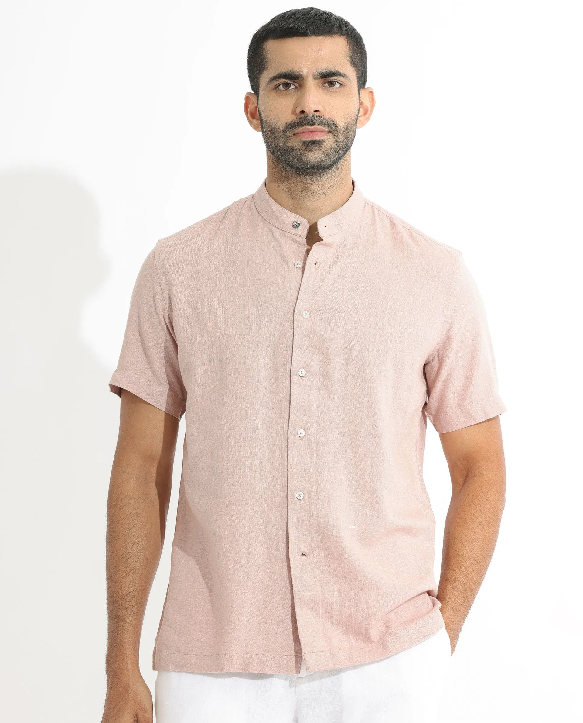 Rare Rabbit Men's Lune Ss Dusky Pink Linen Mandarin Collar Half Sleeves Shirt
