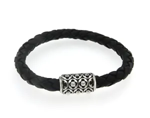 Samuel B. Sterling Silver Men's Imperial Black Leather Bracelet (93411)