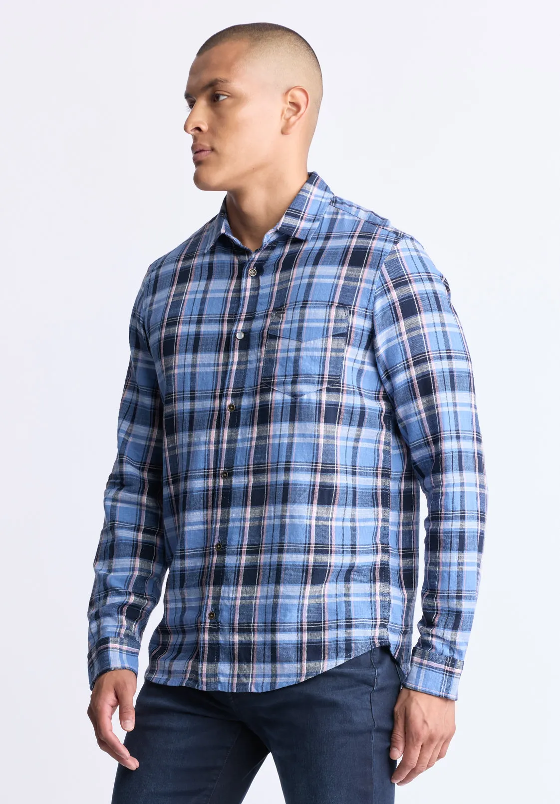 Saroz Men's Classic Plaid Button-Up Shirt, Midnight Blue - BM24499