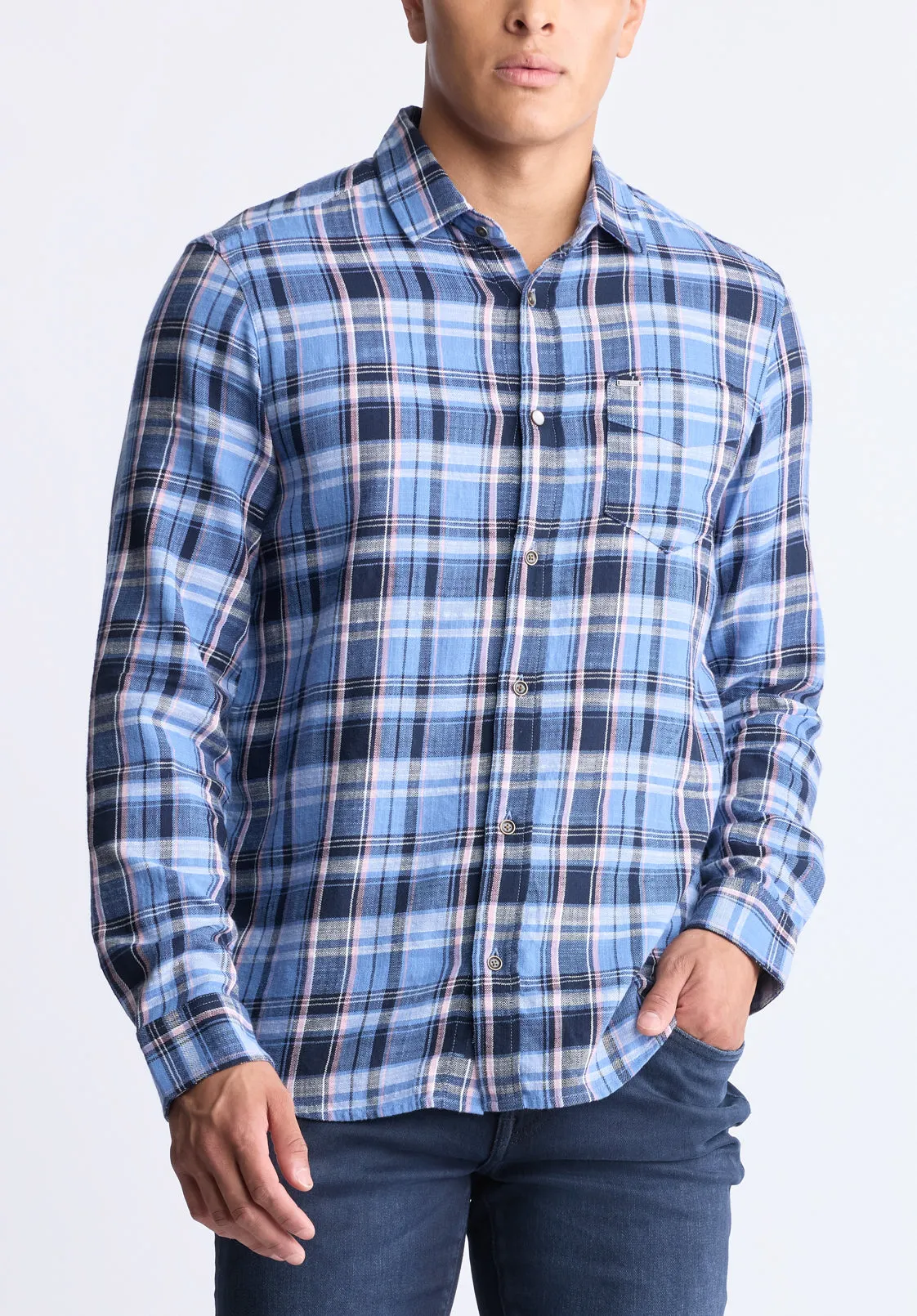 Saroz Men's Classic Plaid Button-Up Shirt, Midnight Blue - BM24499