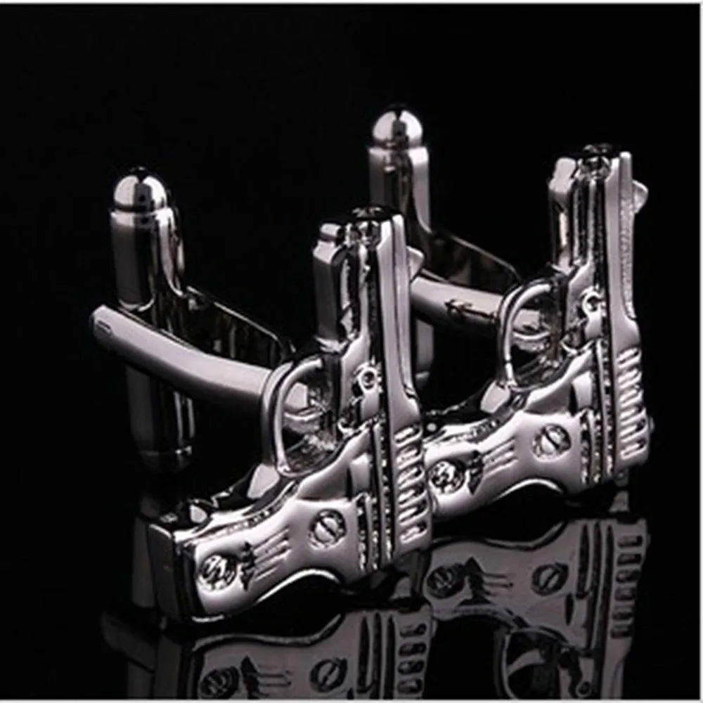 Silver Mens Stainless Steel Guns Cufflinks for Shirt with Box - Hand Crafted Perfect Gift