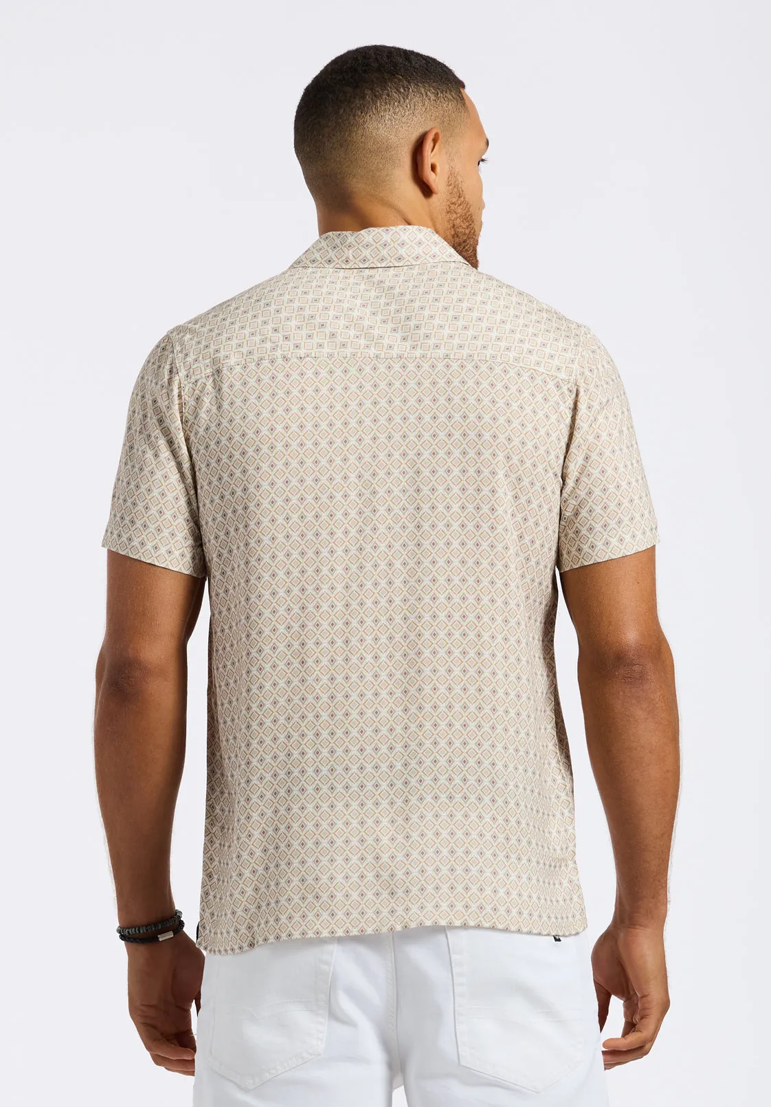 Sirilo Men's Short Sleeve Button-Up Fitted Shirt with Geometric Print, Milk - BM24652