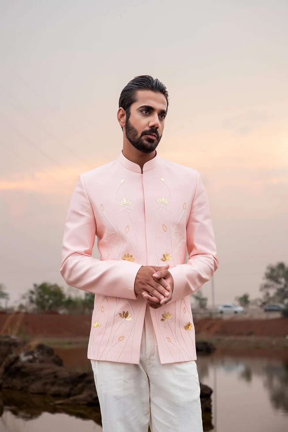 Soft Pink Lotus Embroidered Jodhpuri Set
