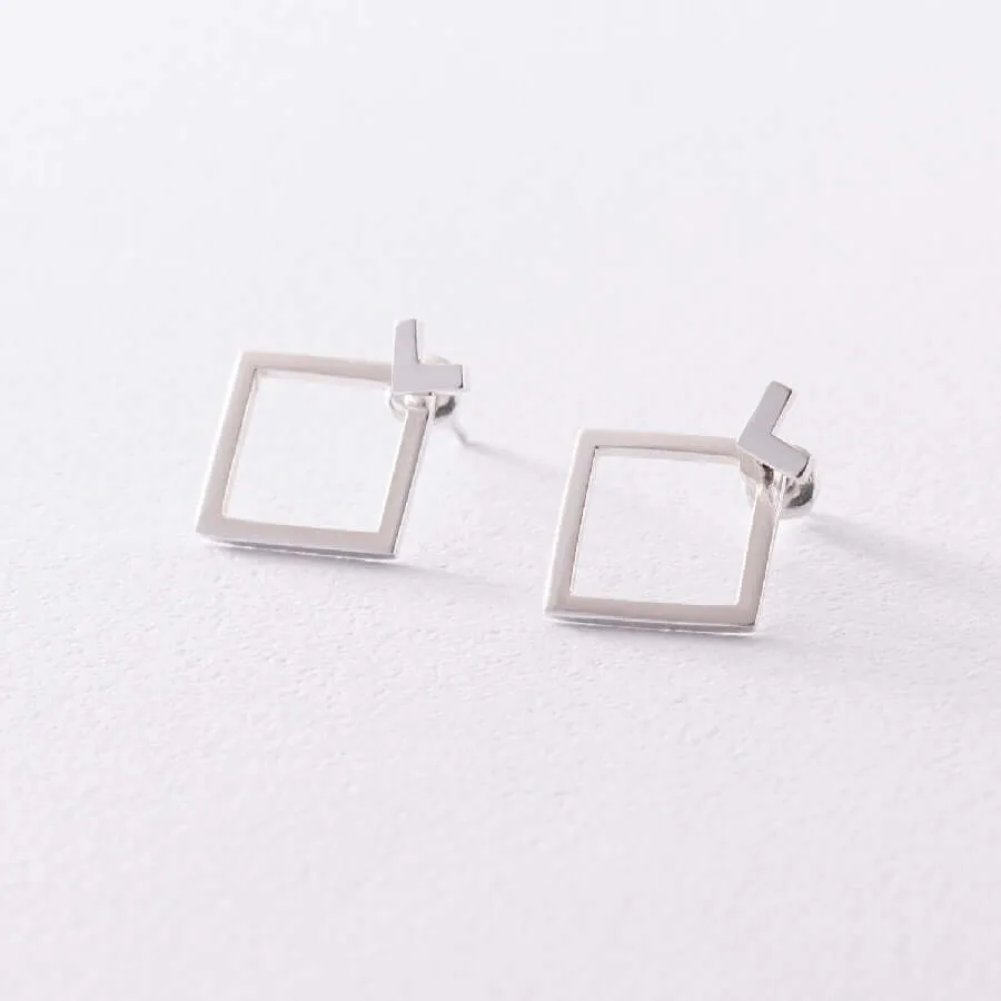 Square Stud Earrings Solid Silver Minimal Design Ear Jackets