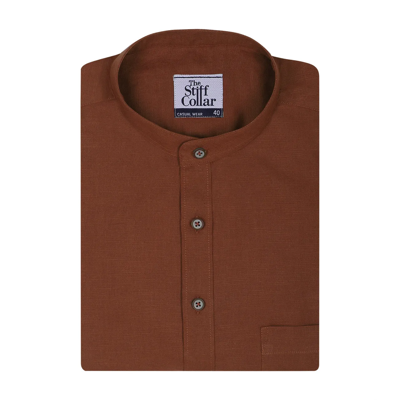 Tawny Brown Mandarin Collar Cotton Shirt