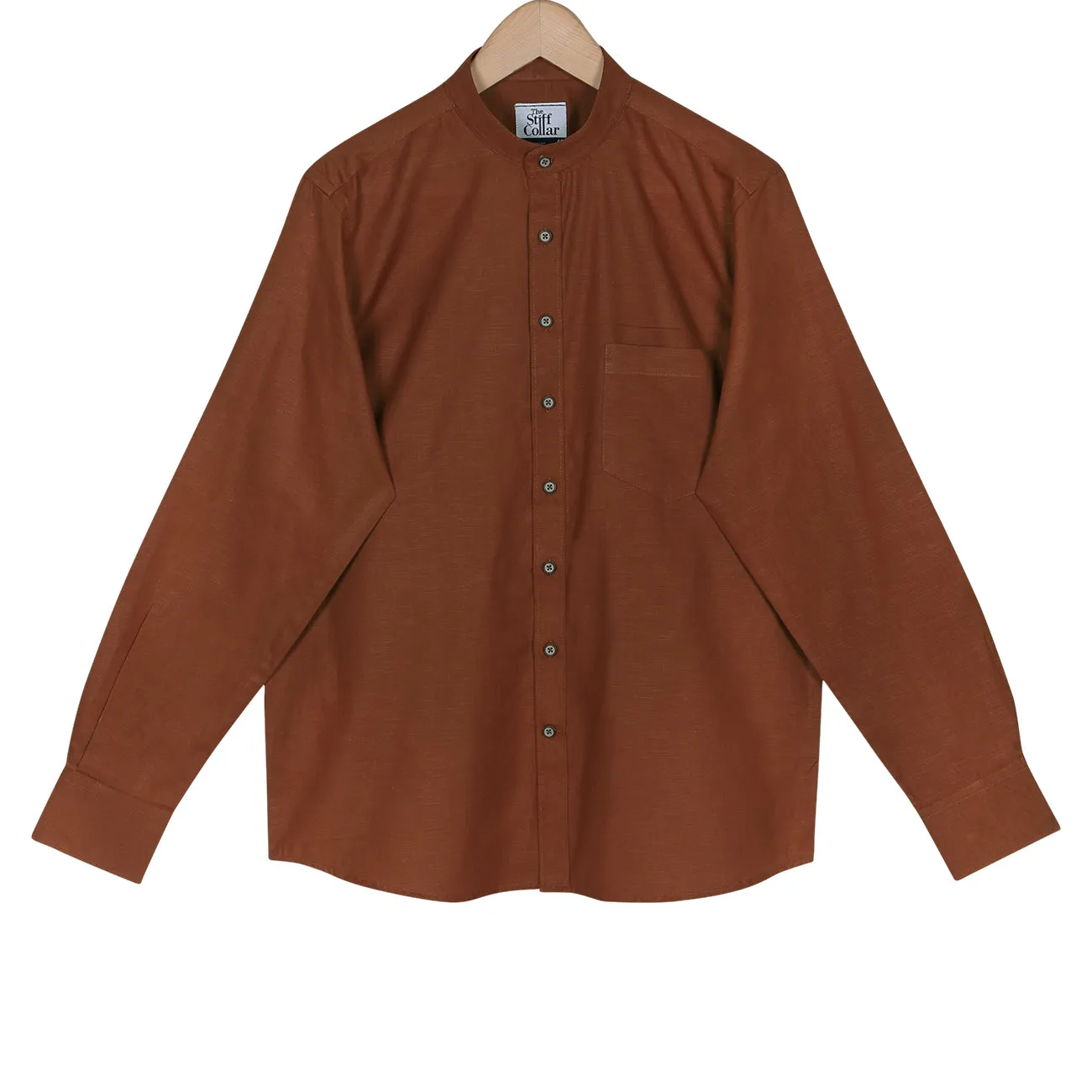 Tawny Brown Mandarin Collar Cotton Shirt