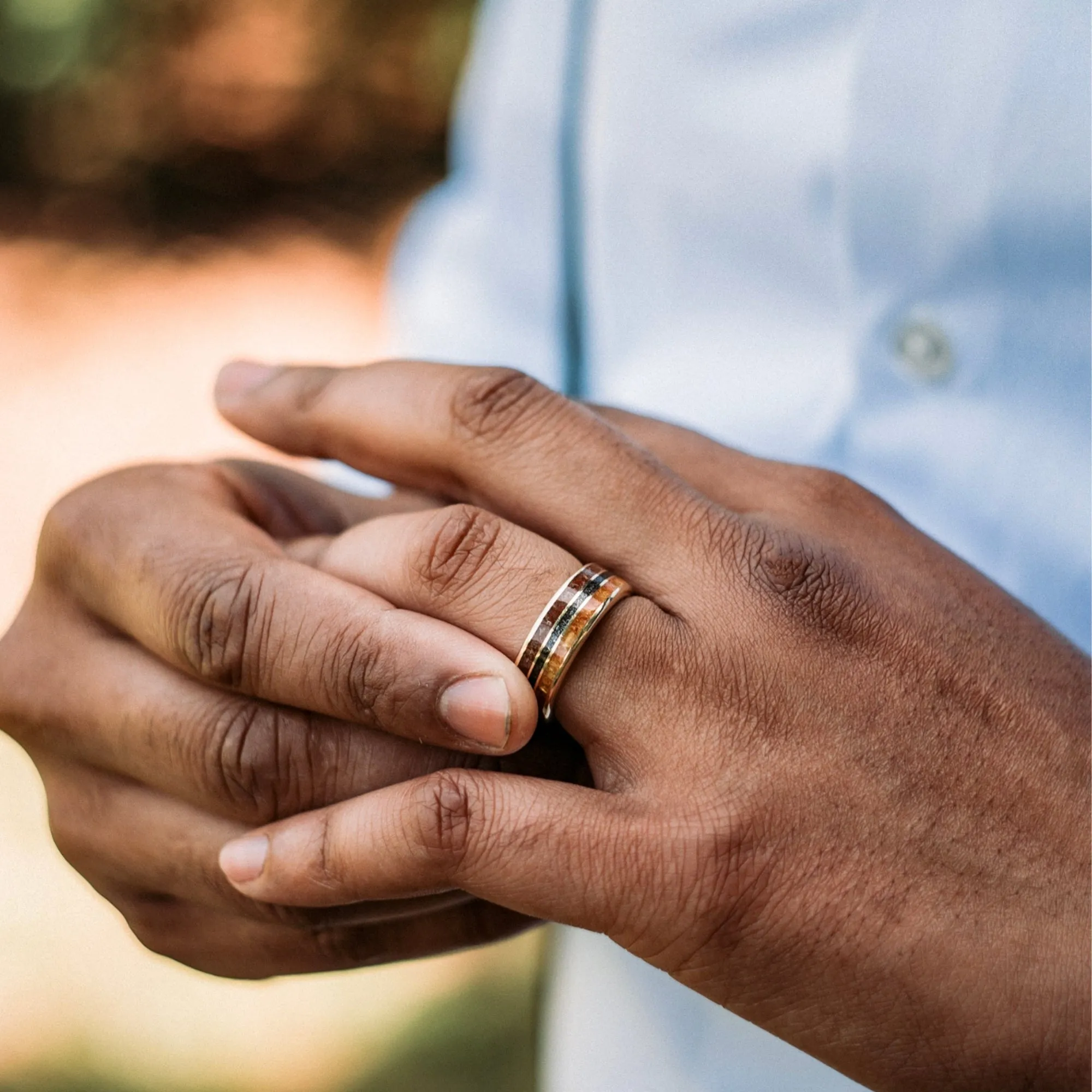 The Jurassic in Gold | Men's Gold Wedding Band with Dinosaur Bone, Meteorite & Fossilized Amber