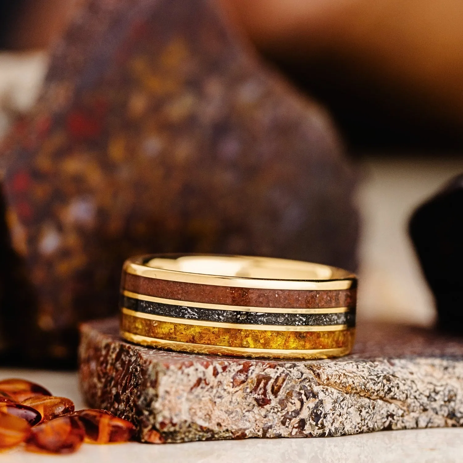 The Jurassic in Gold | Men's Gold Wedding Band with Dinosaur Bone, Meteorite & Fossilized Amber