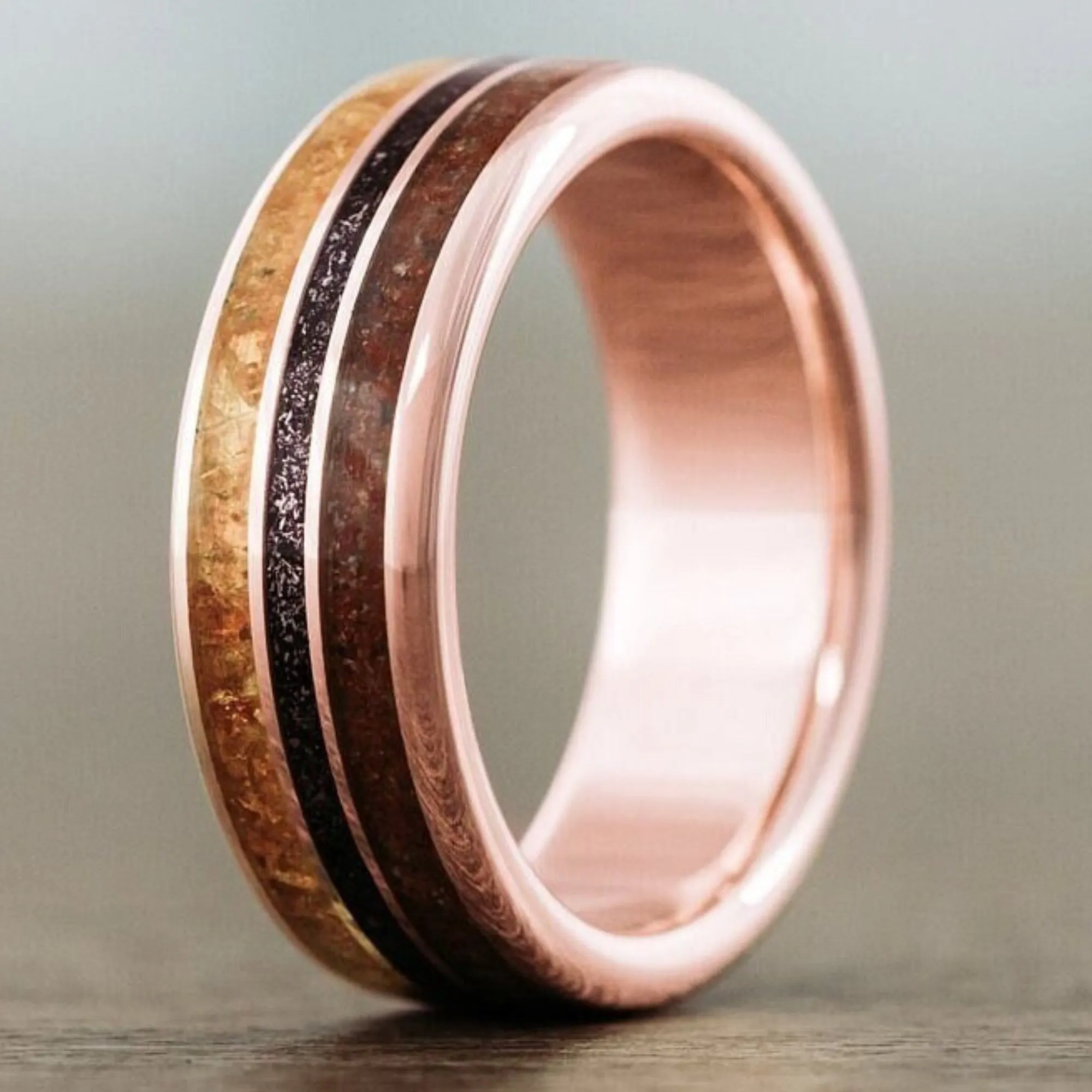 The Jurassic in Gold | Men's Gold Wedding Band with Dinosaur Bone, Meteorite & Fossilized Amber