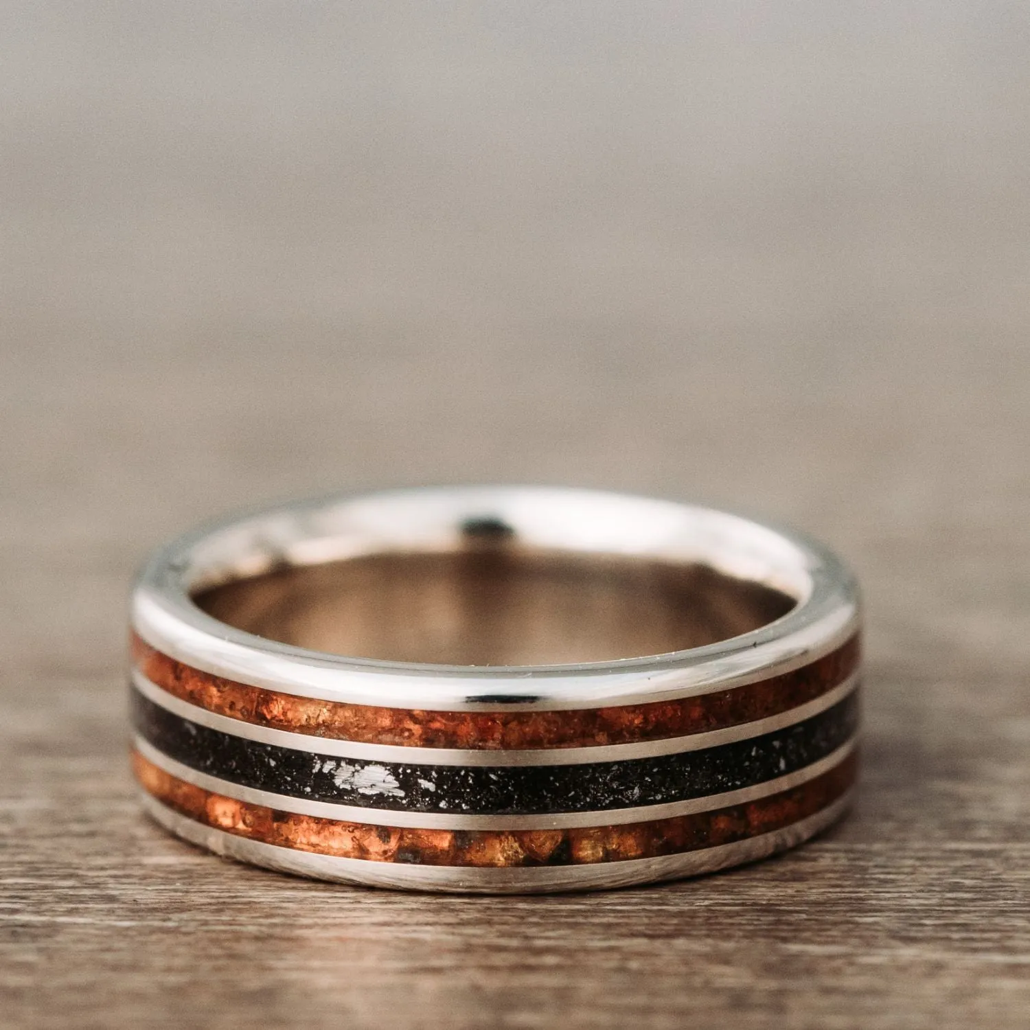 The Saros in Gold | Men's Gold Wedding Band with Meteorite & Fossilized Amber