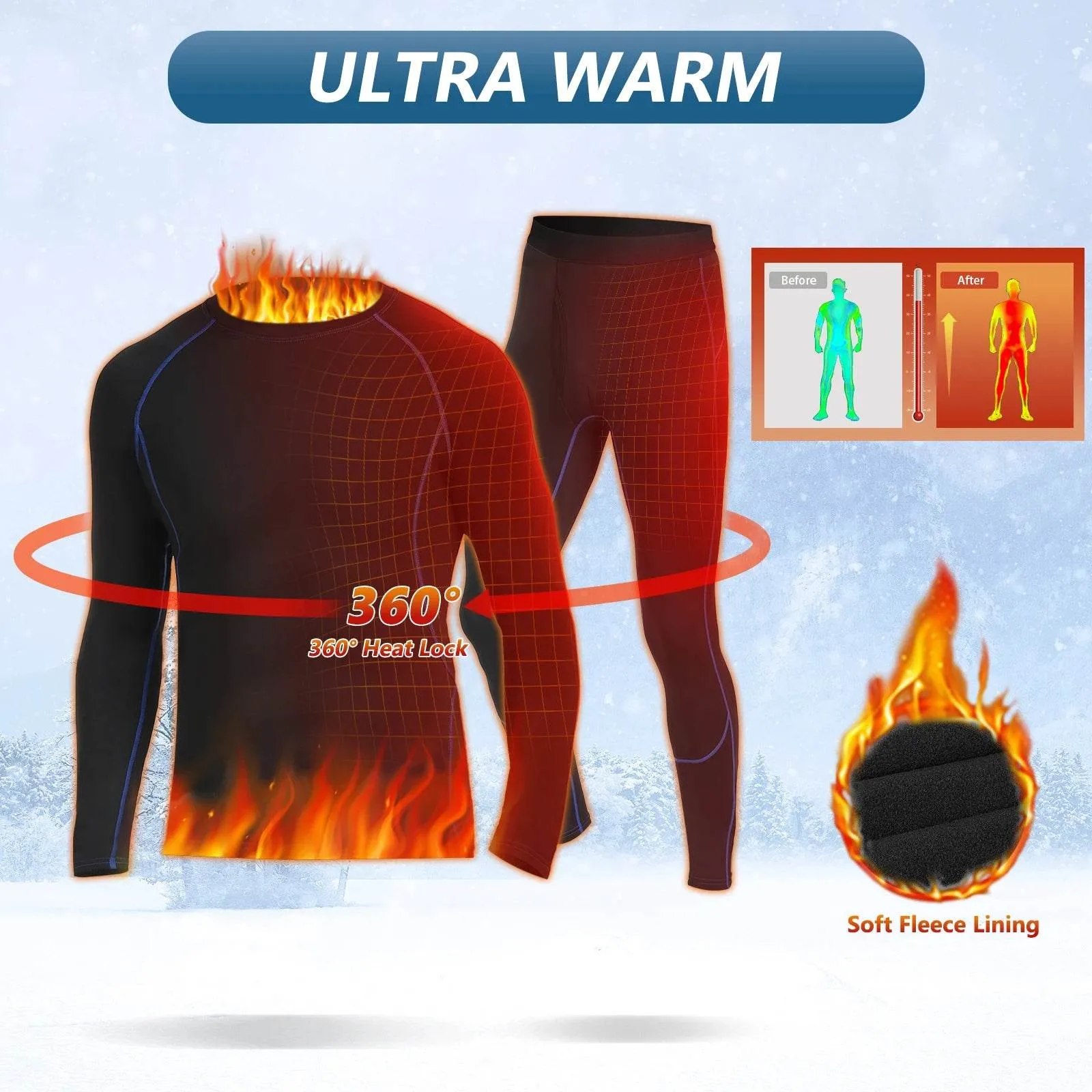 Thermal Underwear Set Mens Long Johns Quick Dry Base Layer with Fleece Lined Compression