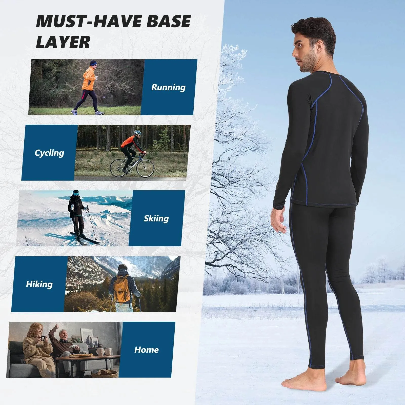 Thermal Underwear Set Mens Long Johns Quick Dry Base Layer with Fleece Lined Compression