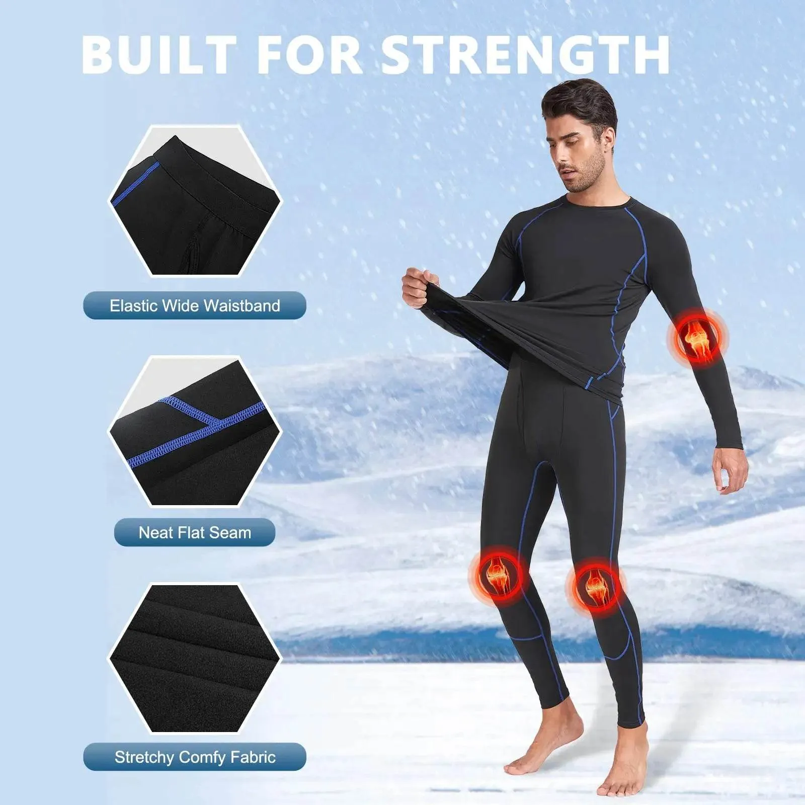 Thermal Underwear Set Mens Long Johns Quick Dry Base Layer with Fleece Lined Compression