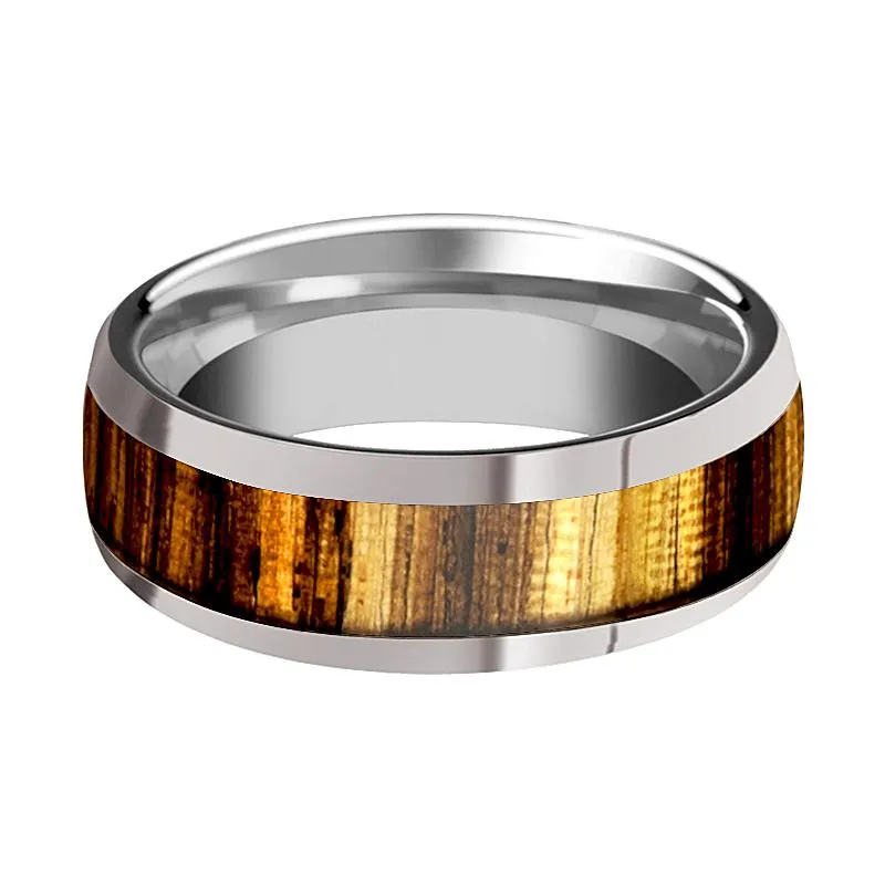 TIGRE | Silver Tungsten Ring, Zebra Wood Inlay, Beveled