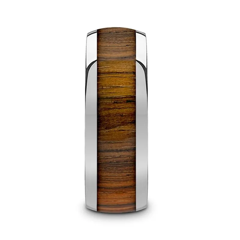 TIGRE | Silver Tungsten Ring, Zebra Wood Inlay, Beveled
