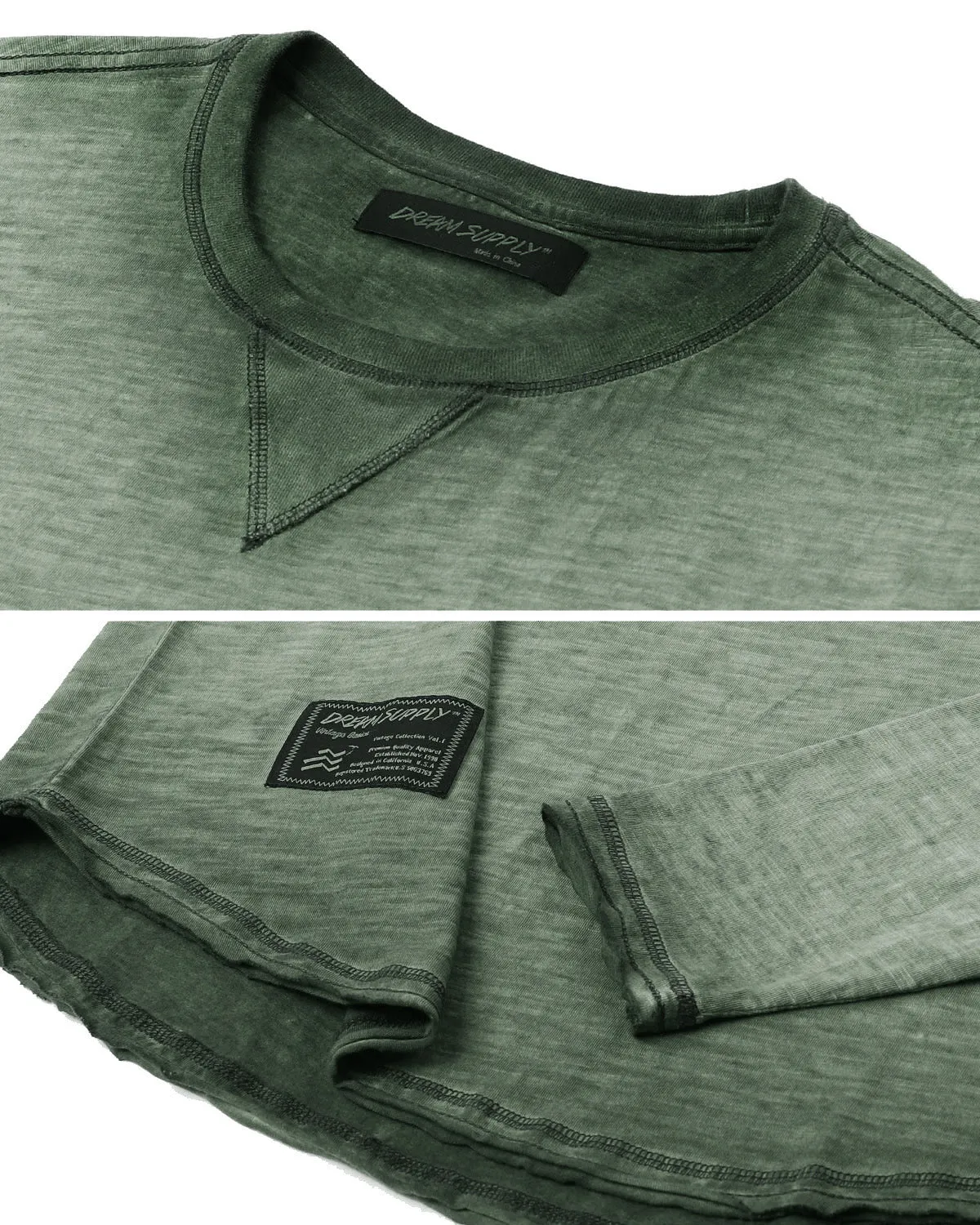 ZIMEGO Mens Long Sleeve Crewneck Oil Wash Vintage Raw Edge Hem Hipster Hip-Hop T shirt